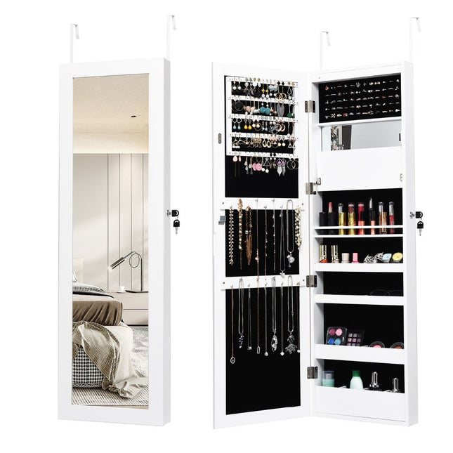 Armoire à bijoux avec miroir, éclairage LED, verrouillable, blanche