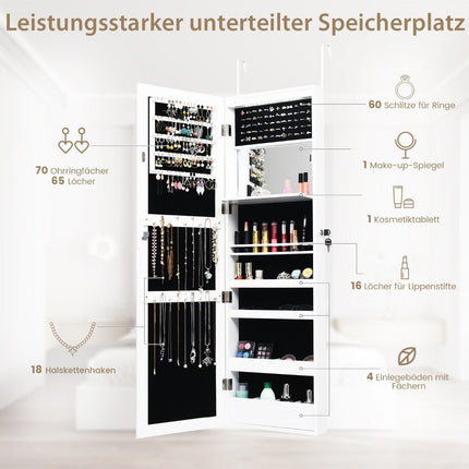 Armoire à bijoux avec miroir, éclairage LED, verrouillable, blanche