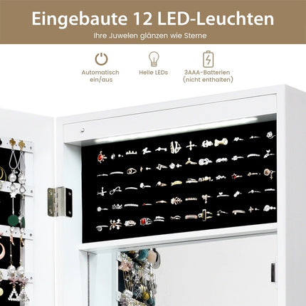 Armoire à bijoux avec miroir, éclairage LED, verrouillable, blanche