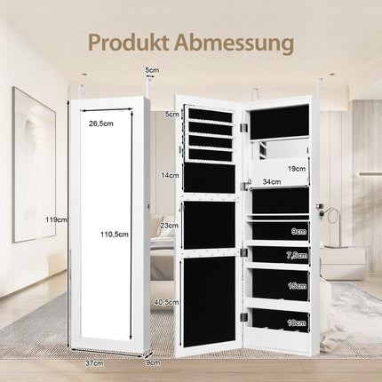 Armoire à bijoux avec miroir, éclairage LED, verrouillable, blanche