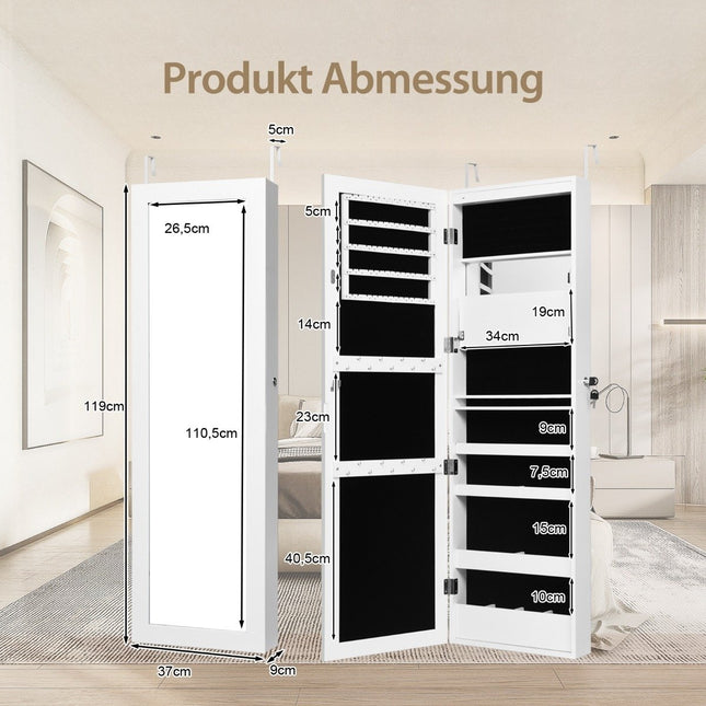 Armoire à bijoux avec miroir, éclairage LED, verrouillable, blanche