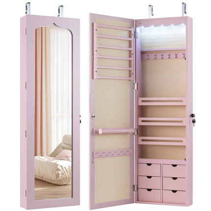 Schmuckschrank mit Spiegel, LED, abschließbar, Pink