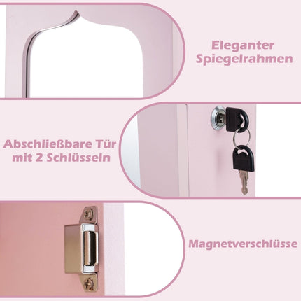 Schmuckschrank mit Spiegel, LED, abschließbar, Pink
