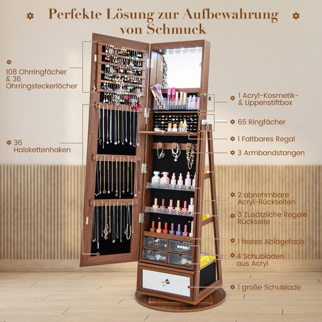 Armoire à bijoux armoire à miroir rotative à 360° avec miroir pleine longueur 140 x 37 cm marron