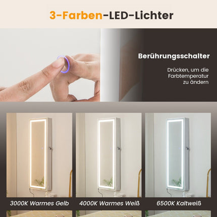 Armoire à bijoux suspendue avec miroir verrouillable avec éclairage LED tricolore blanc