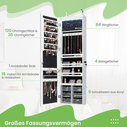 Armoire à bijoux meuble de rangement suspendu avec éclairage LED 36,5 x 11,5 x 120 cm blanc