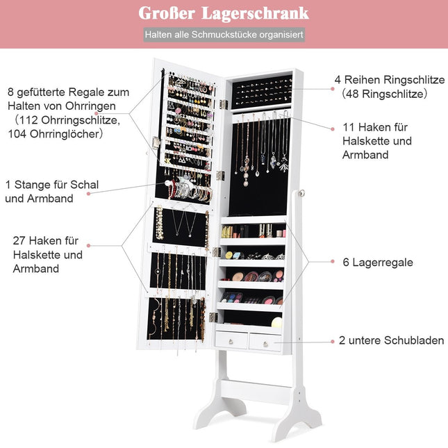 Armoire à bijoux chmuck verrouillable avec miroir 46 x 37 x 156 cm blanc