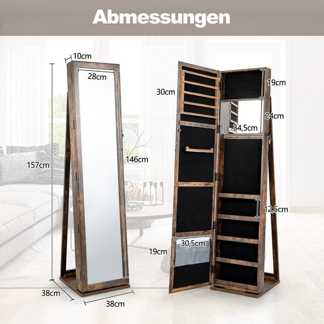 Armoire à bijoux avec miroir pleine longueur et miroir de maquillage intégré marron