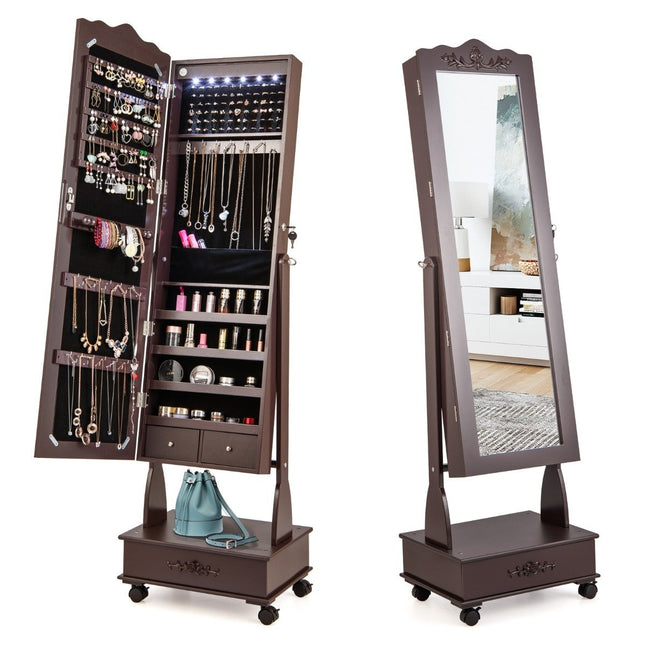 Armoire à bijoux avec miroir pleine longueur, tiroirs et LED marron