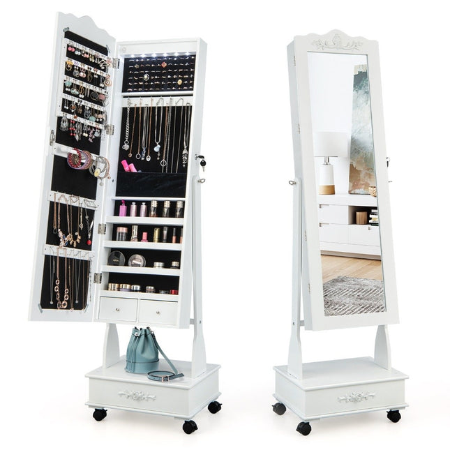 Armoire à bijoux avec miroir pleine longueur, tiroirs et LED blanc