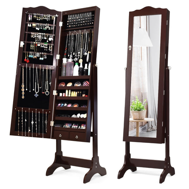 Armoire à bijoux avec 14 lumières LED et miroir pleine longueur, étagère à bijoux, armoire à miroir marron