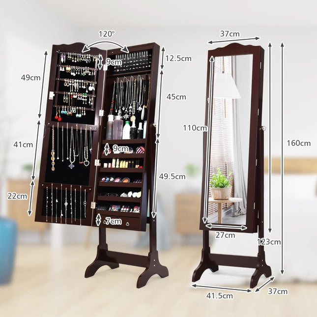 Armoire à bijoux avec 14 lumières LED et miroir pleine longueur, étagère à bijoux, armoire à miroir marron