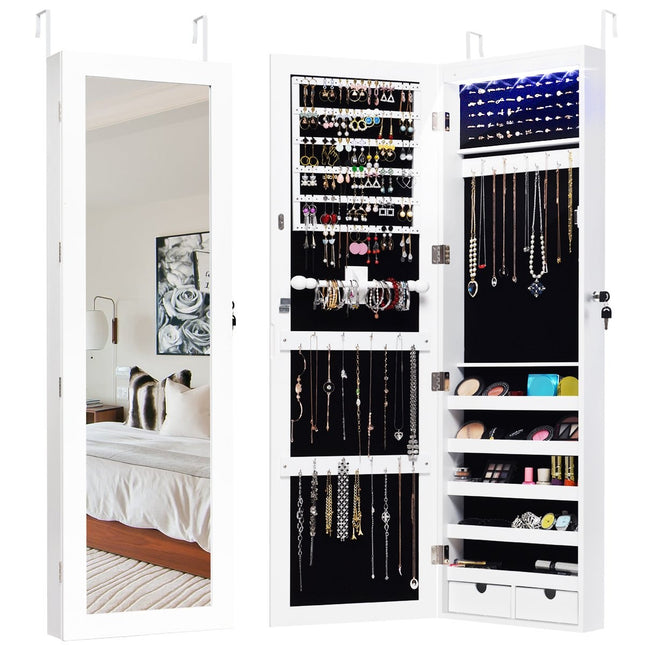 Armoire à bijoux avec 15 lumières LED, miroir pleine longueur et fixation porte/mur blanc