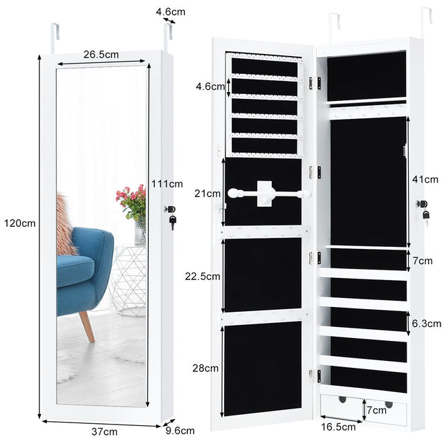 Armoire à bijoux avec 15 lumières LED, miroir pleine longueur et fixation porte/mur blanc