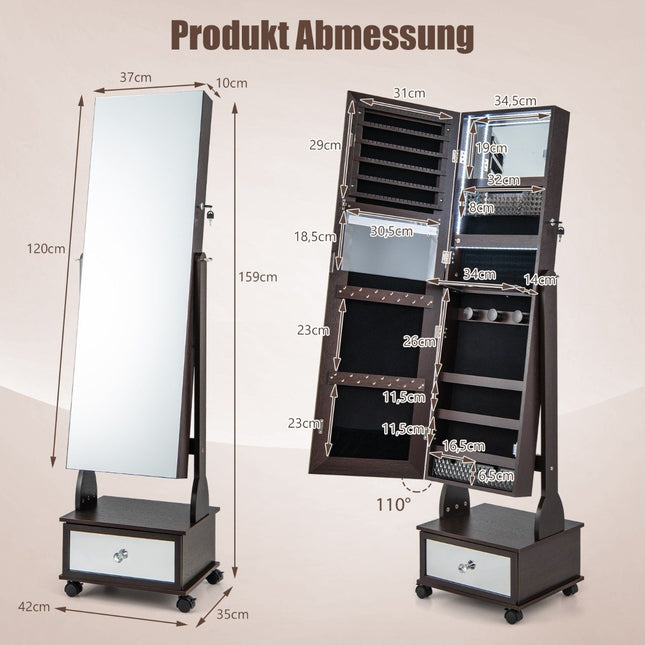 Armoire à bijoux avec 3 miroirs & tiroir & roulettes & lumières miroir à bijoux marron