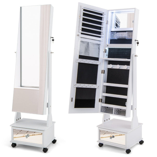 Armoire à bijoux avec 3 miroirs & tiroir & roulettes & lumières miroir à bijoux blanc
