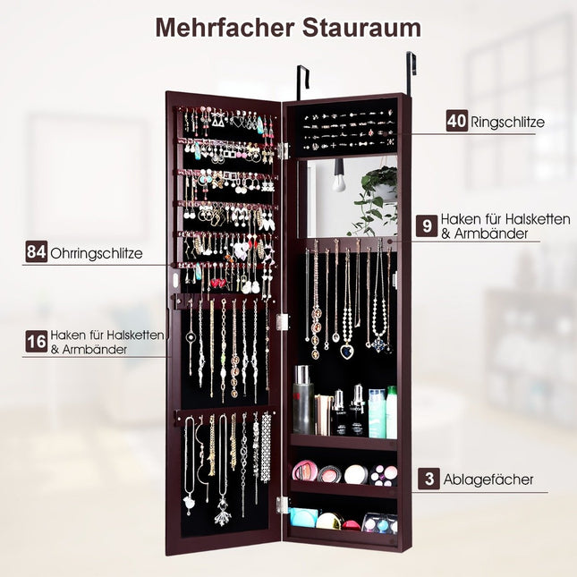 Armoire à bijoux avec miroir pleine longueur et miroir de maquillage marron intégré
