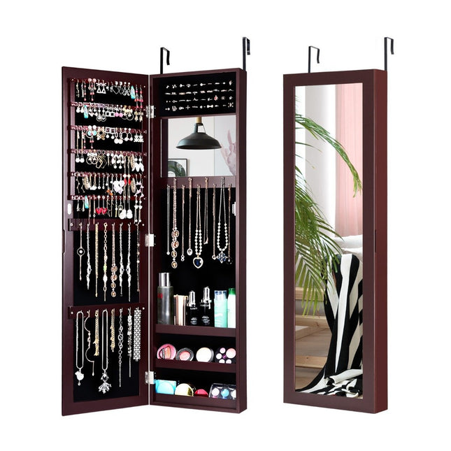 Armoire à bijoux avec miroir pleine longueur et miroir de maquillage marron intégré