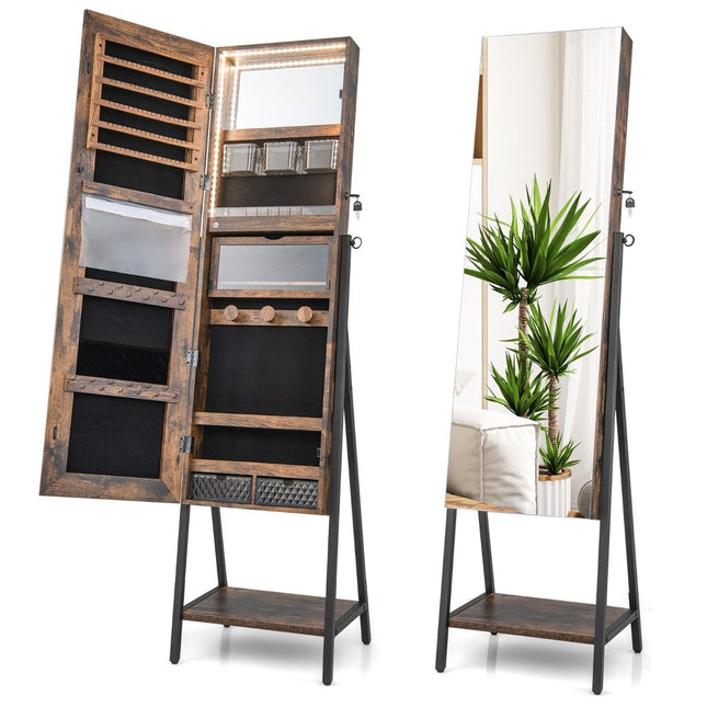 Armoire à bijoux avec miroir et éclairage LED 3 couleurs 41,5 x 37 x 157 cm Marron rustique