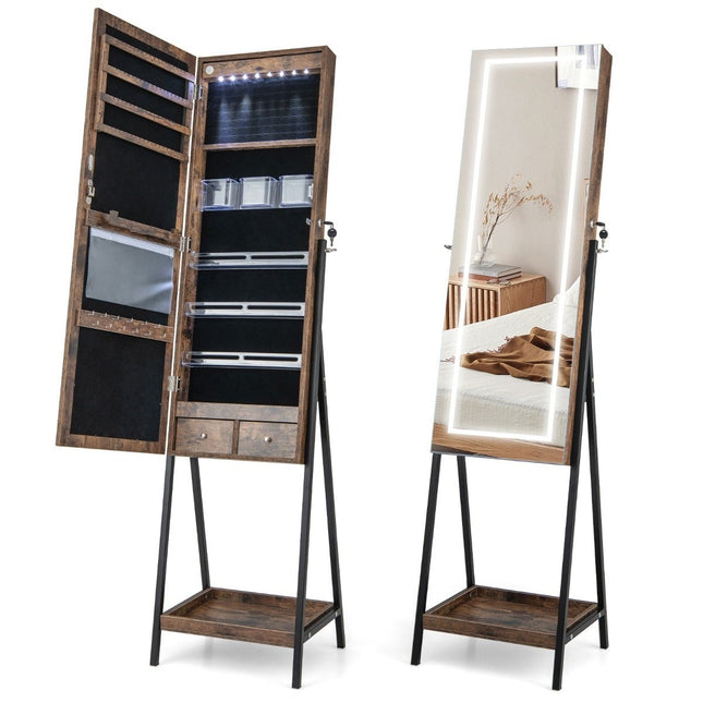 Armoire à bijoux avec étagère & miroir pleine longueur & 3 lumières LED colorées & 2 tiroirs marron