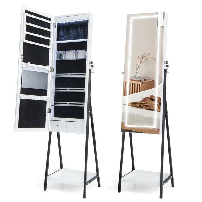 Armoire à bijoux avec étagère & miroir pleine longueur & 3 lumières LED colorées & 2 tiroirs blancs