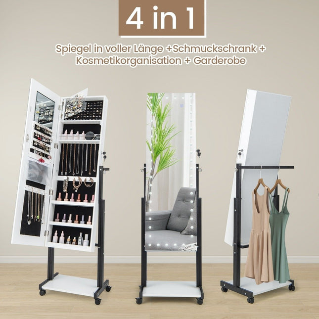 Armoire à bijoux sur roulettes Armoire à miroir 4 en 1 avec lumières LED 3 couleurs et hauteur réglable blanc