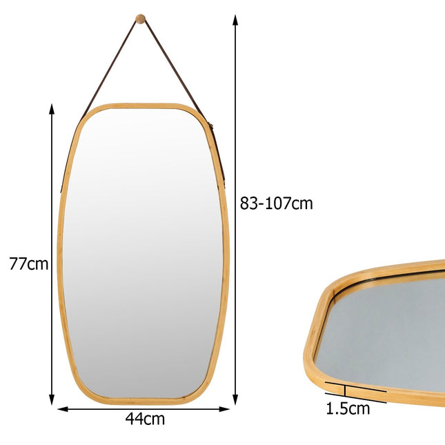 Miroir à bijoux avec cadre en bambou et sangle en cuir réglable 77 x 44 x 1,5 cm