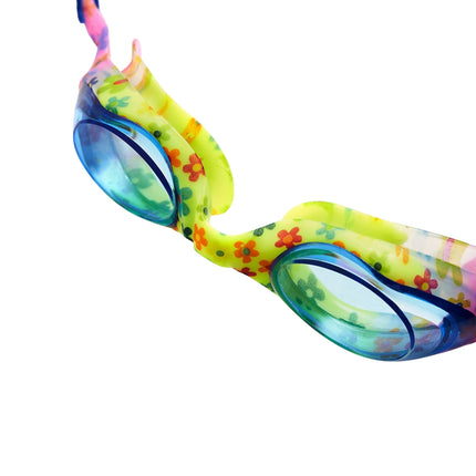 Junior-Schwimmbrille, blaue Blumen, Antibeschlag-Gläser