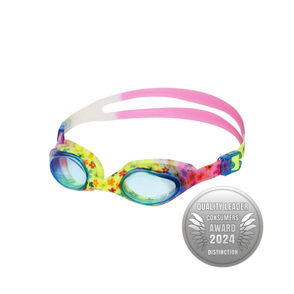 Junior-Schwimmbrille, blaue Blumen, Antibeschlag-Gläser