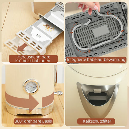 Wasserkocher- und Toaster-Set, 2200W, 7 Bräunungsstufen, Creme