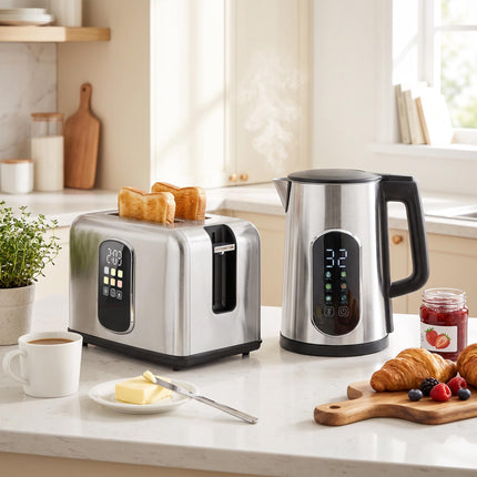 Kettle and 2-Slice Toaster Set with LED Touch Display, 1.5 L, 2200 W, Silver