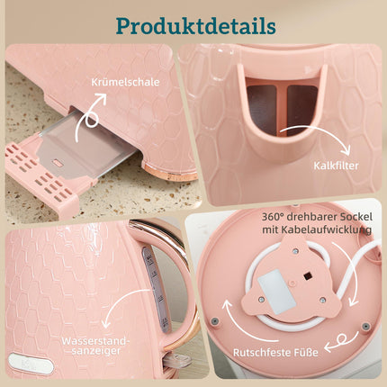 Bouilloire et grille-pain, 1,7 L, ébullition rapide, 2 tranches, rose