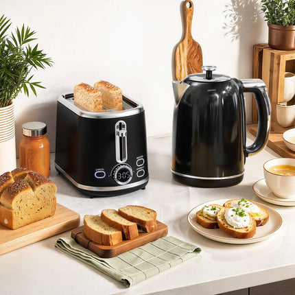 Wasserkocher- und Toaster-Set, LED-Anzeige, 1,7 l, 2200 W, Schwarz