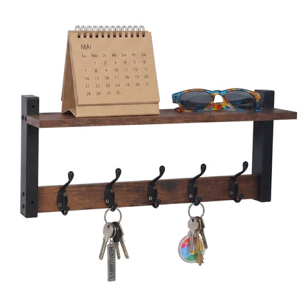 Schlüsselbrett mit 5 Haken und Ablage, Dunkelbraun MDF