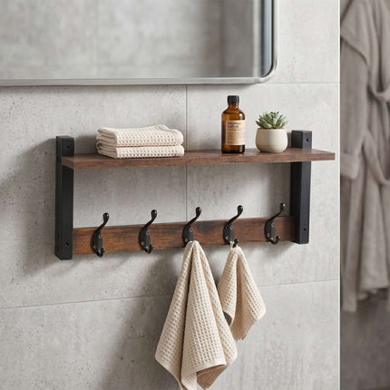 Schlüsselbrett mit 5 Haken und Ablage, Dunkelbraun MDF