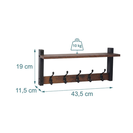 Schlüsselbrett mit 5 Haken und Ablage, Dunkelbraun MDF