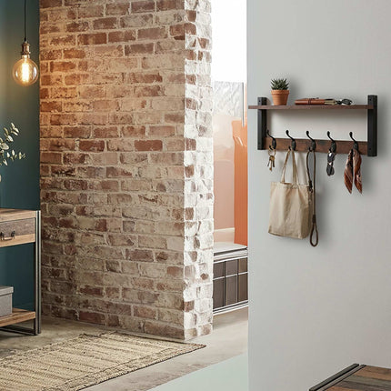 Schlüsselbrett mit 5 Haken und Ablage, Dunkelbraun MDF