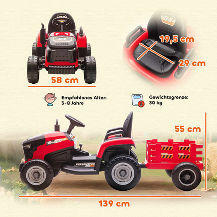 Kinder 12V Elektro-Aufsitz-Traktor mit Fernbedienung, Anhänger, Rot