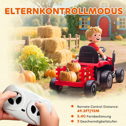Kinder 12V Elektro-Aufsitz-Traktor mit Fernbedienung, Anhänger, Rot