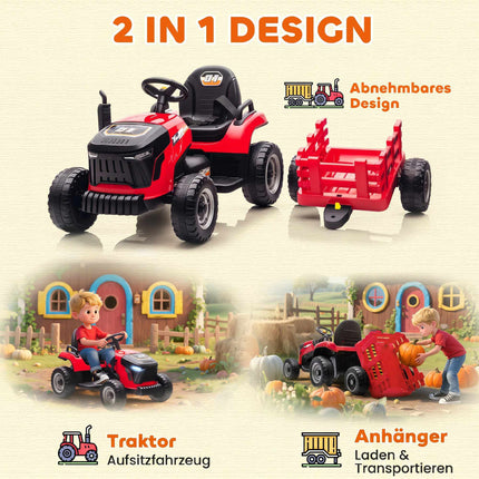 Kinder 12V Elektro-Aufsitz-Traktor mit Fernbedienung, Anhänger, Rot