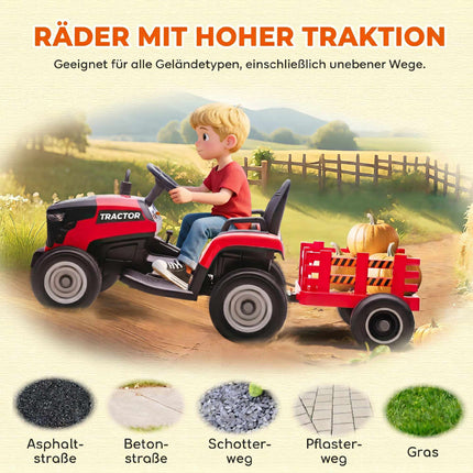 Kinder 12V Elektro-Aufsitz-Traktor mit Fernbedienung, Anhänger, Rot