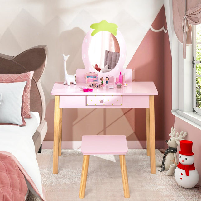 Ensemble coiffeuse 2 en 1 pour enfants avec tabouret et miroir, en bois