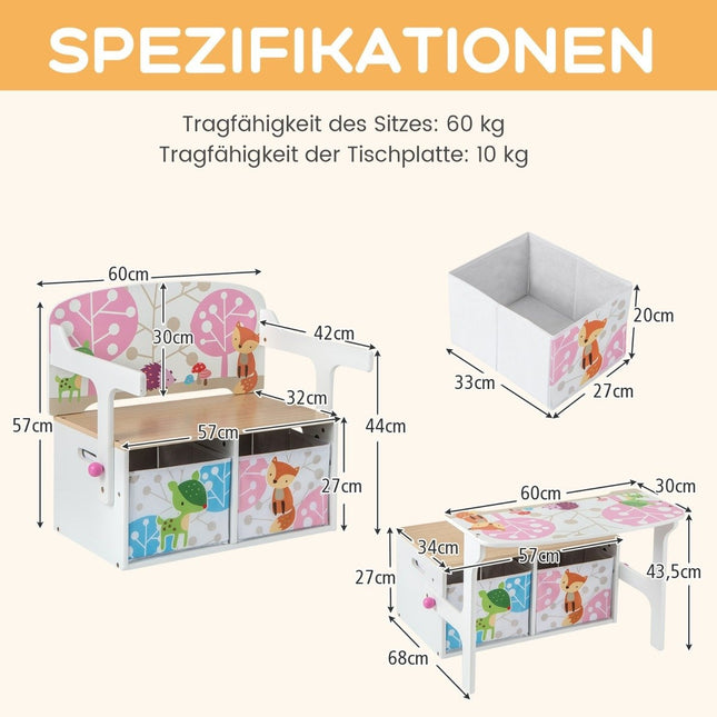 Ensemble table et chaises 3 en 1 pour enfants avec bacs de rangement, blanc
