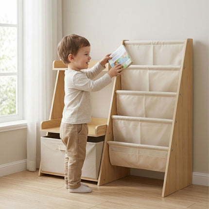 Kinderbücherregal mit Stofftaschen und herausnehmbarer Box