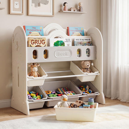Étagère à livres et rangement pour jouets pour enfants avec bacs de rangement, blanc/gris