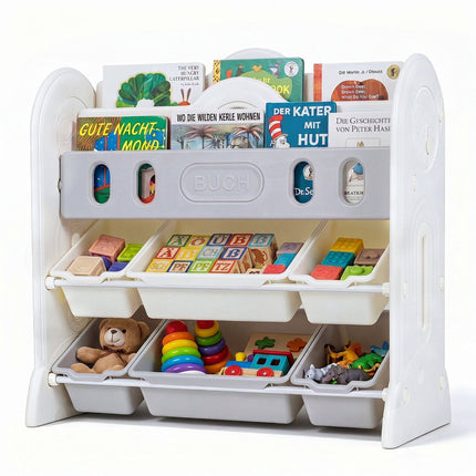 Étagère à livres et rangement pour jouets pour enfants avec bacs de rangement, blanc/gris