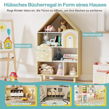Bücherregal für Kinder mit 2 Türen, Massivholzbeinen, 5 Ablagen