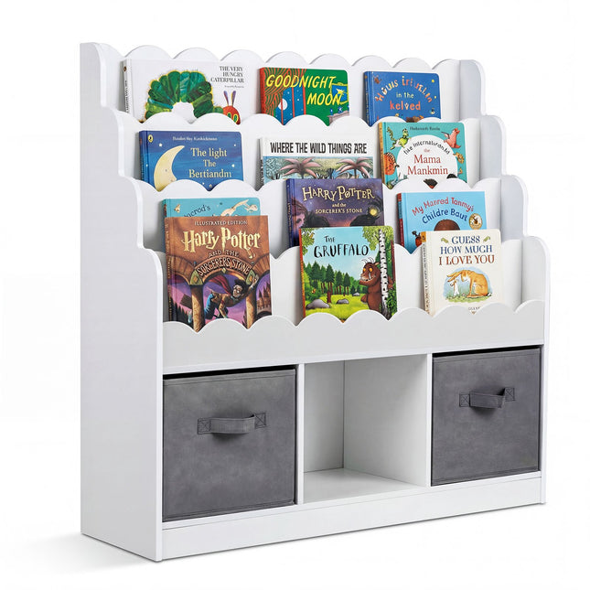 Bibliothèque pour enfants avec 2 tiroirs en tissu et 4 étagères