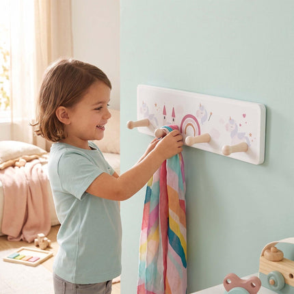 Kindergarderobe mit 4 Haken, MDF und Kiefernholz, 10 x 38 cm