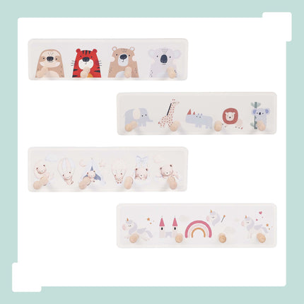 Kindergarderobe mit 4 Haken, MDF und Kiefernholz, 10 x 38 cm